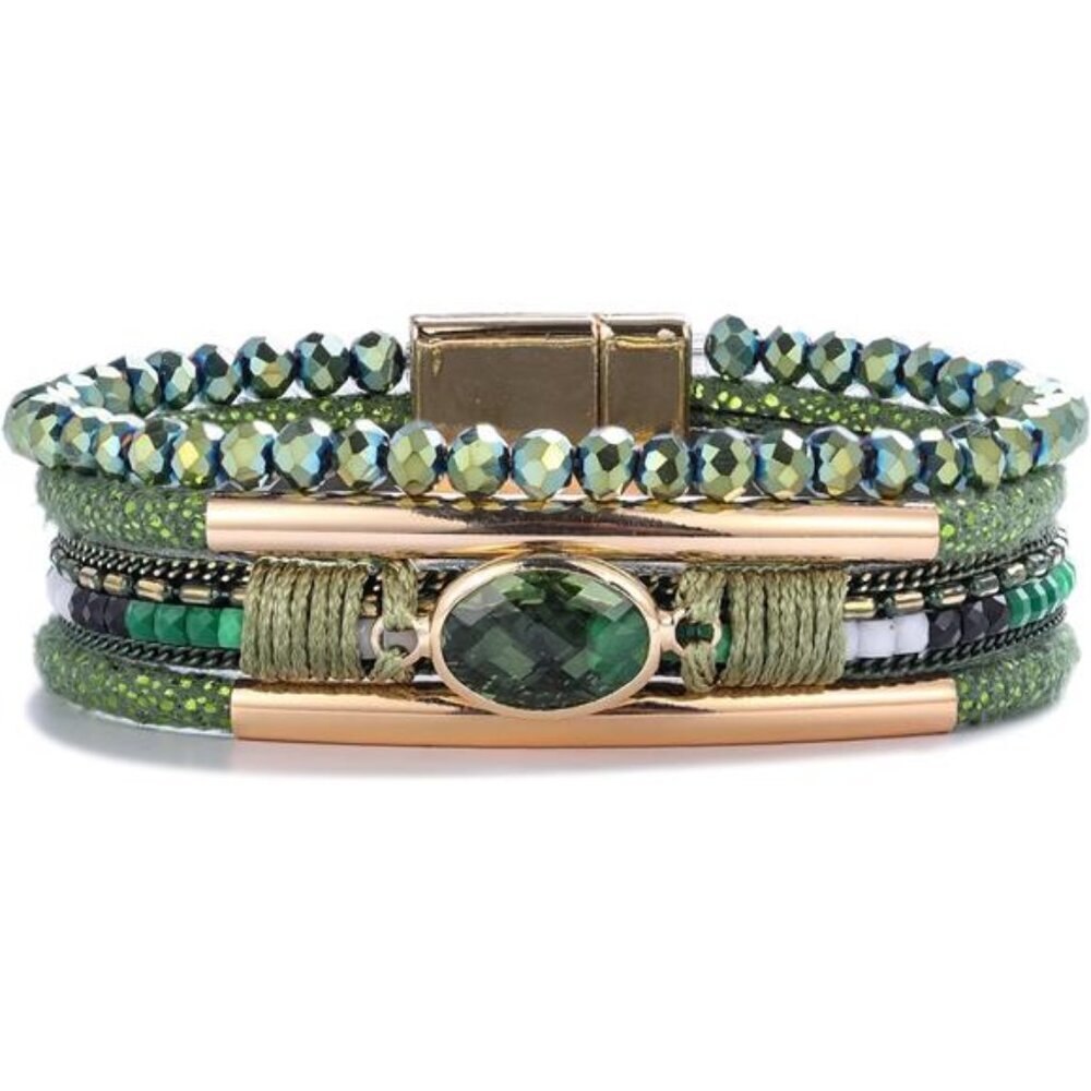 Green Leather Wrap Bracelet Crystal Beads Boho Stone Cuff Charm Jewelry Women